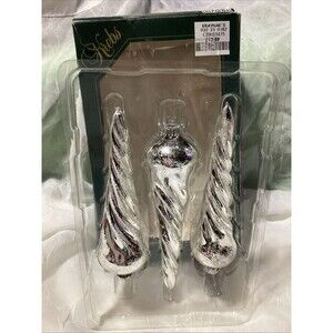 Krebs Glass Christmas Ornaments Silver Glitter Icicles Twisted Boxed Set Of 3